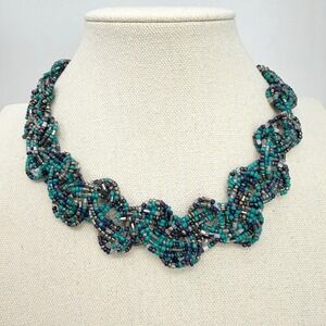 Woven Seed Bead Bib Necklace Adjustable Statement Navy Blue Silver